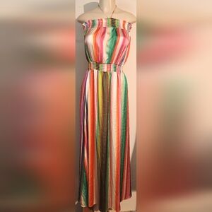 Boston Proper Multicolor Stripe Print Tie Neck Maxi Dress